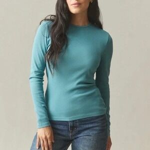 NEW American Giant Womens Lux Rib‎ Crew Long Sleeve Tee Top Blue Green Small USA